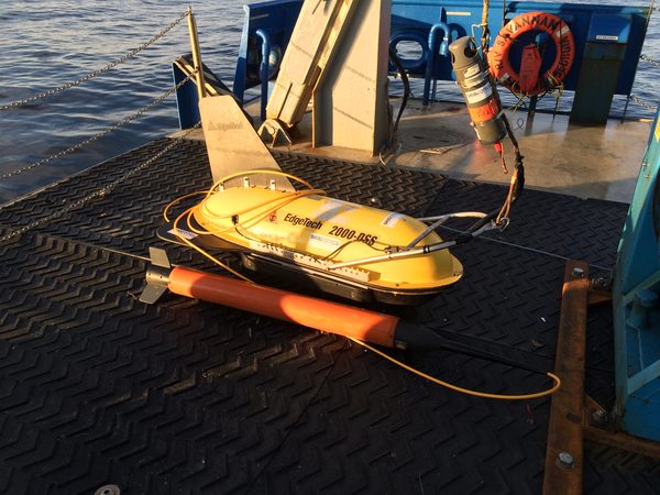 EdgeTech 2000-DSS side-scan and sub-bottom towfish on deck, R/V Savannah.