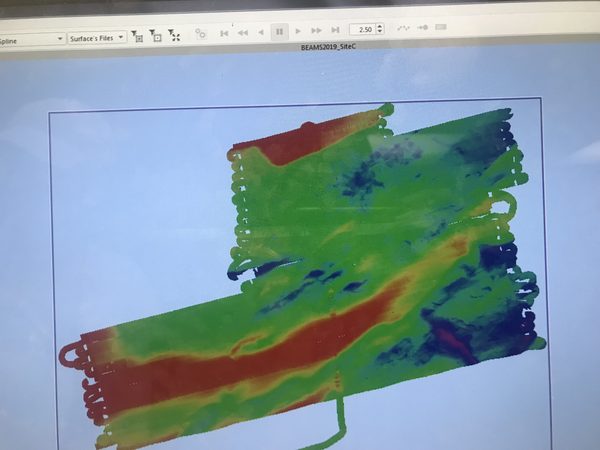 Multibeam bathymetry taking shape on the survey screen (BEAMS 2019, site C).