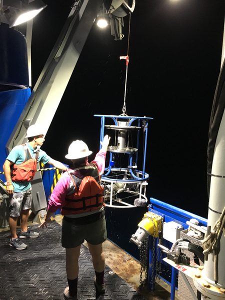 Night deployment of the CTD rosette.
